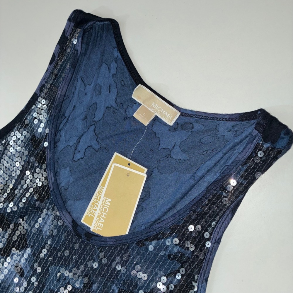 MICHAEL Michael Kors Women L Blue Sequin Tank Top Washed Indigo NWT NEW